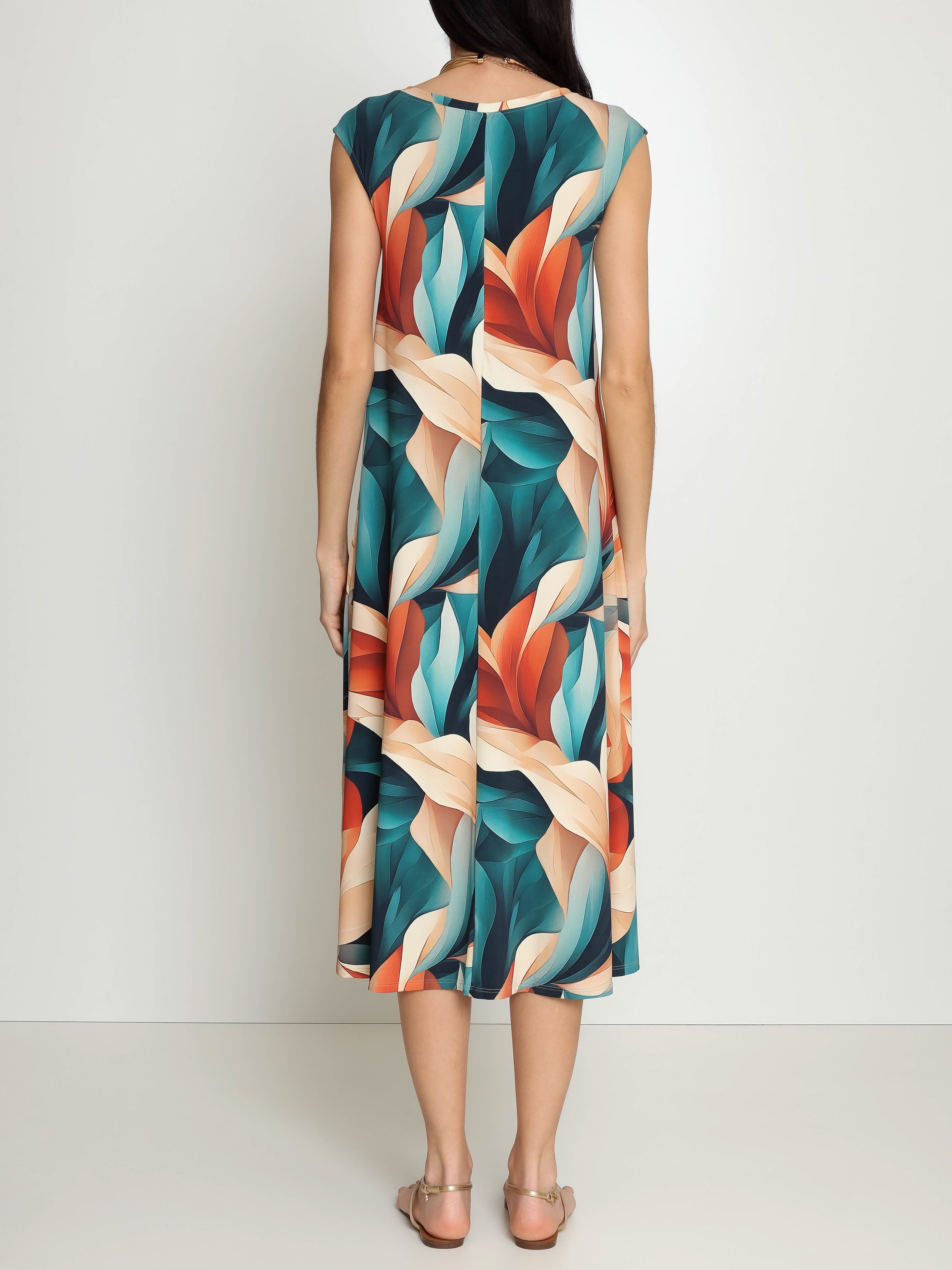 Tiê Foliage-Print A-Line Silhouette Side-Seam Pockets Midi Dress