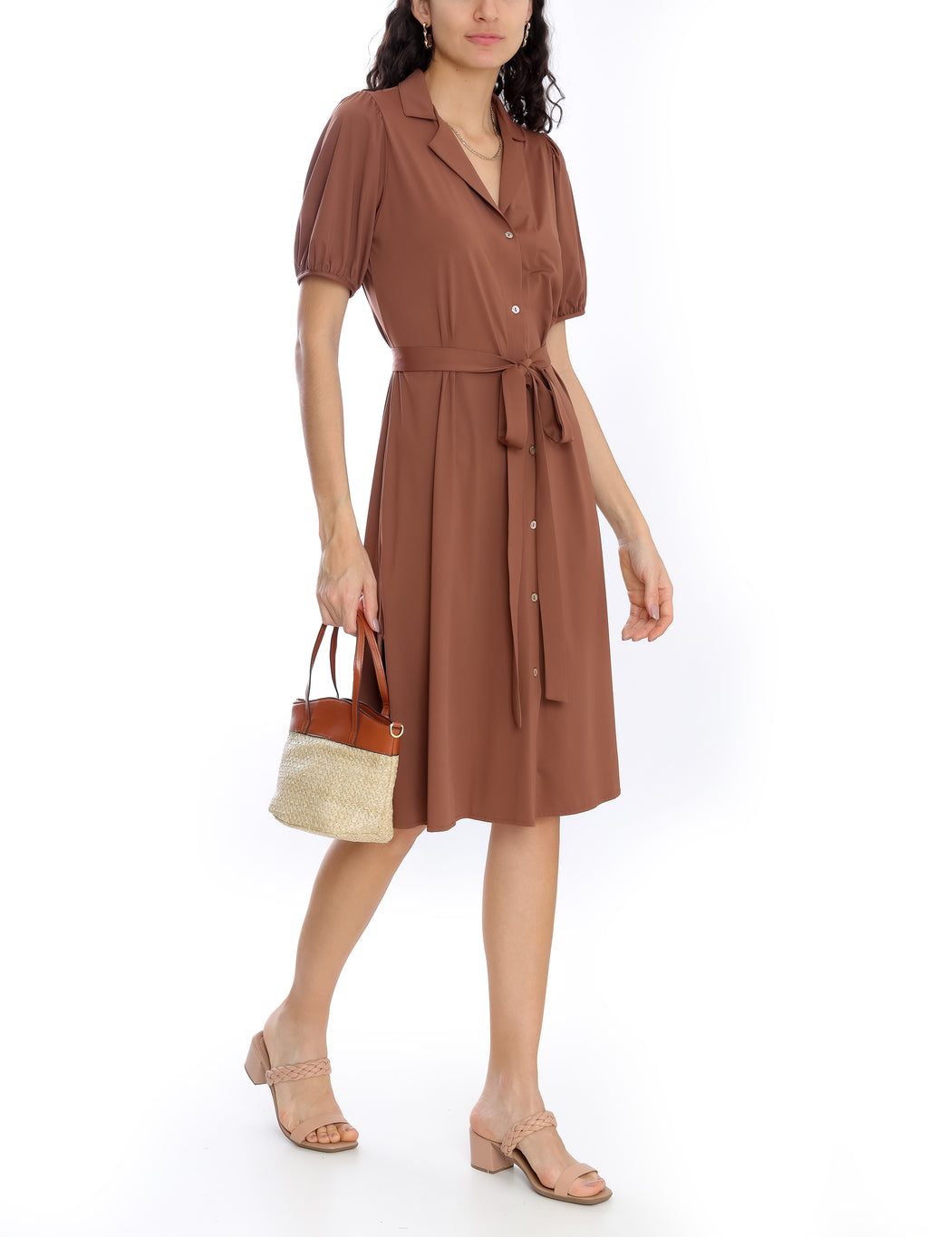 Themis Brown Plain Midi Dress