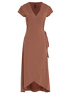 Falcao Brown Plain V-Neck Midi Dress