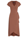Falcao Brown Plain V-Neck Midi Dress