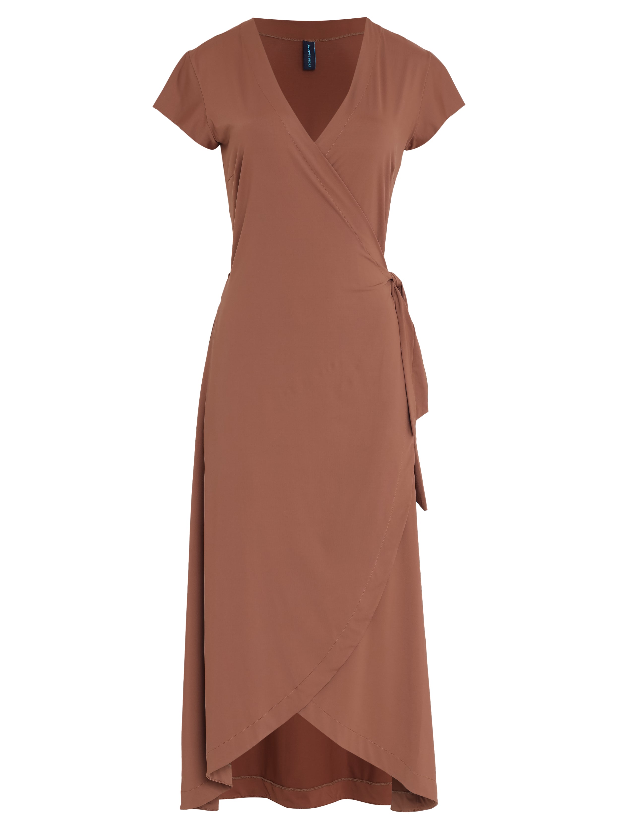 Falcao Brown Plain V-Neck Midi Dress