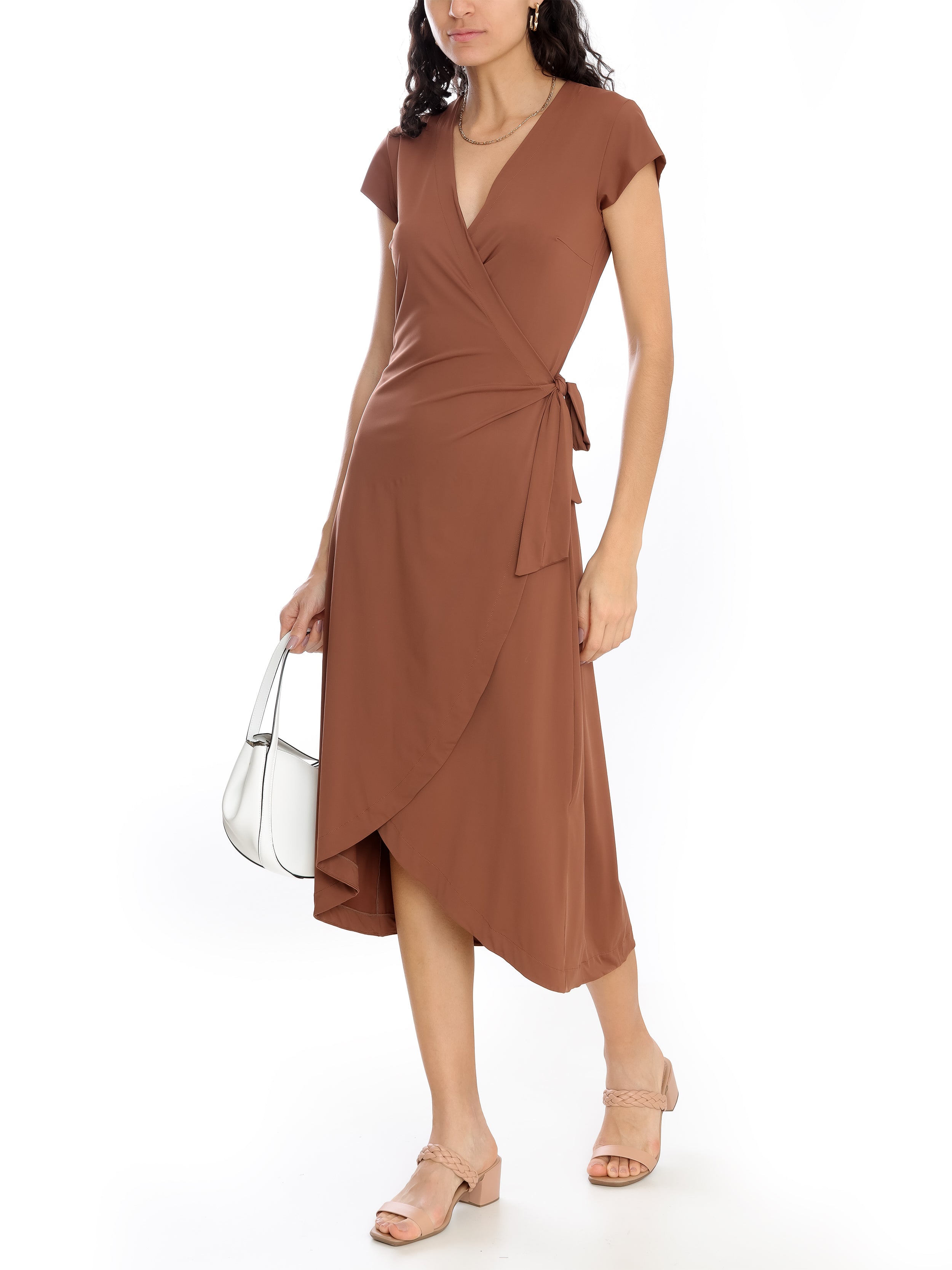 Falcao Brown Plain V-Neck Midi Dress