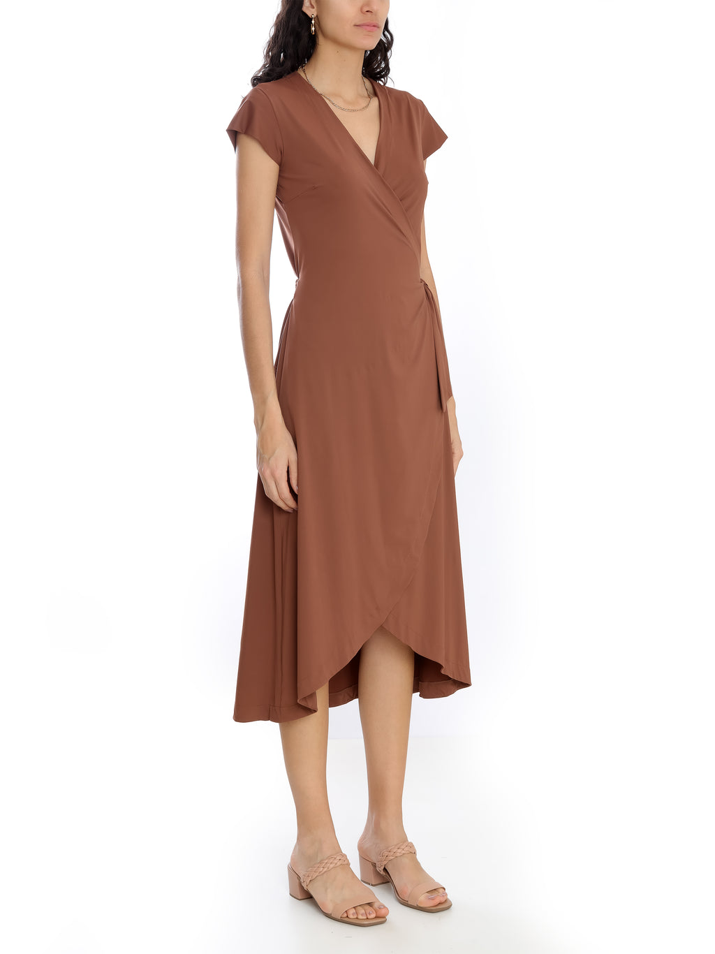Falcao Brown Plain V-Neck Midi Dress