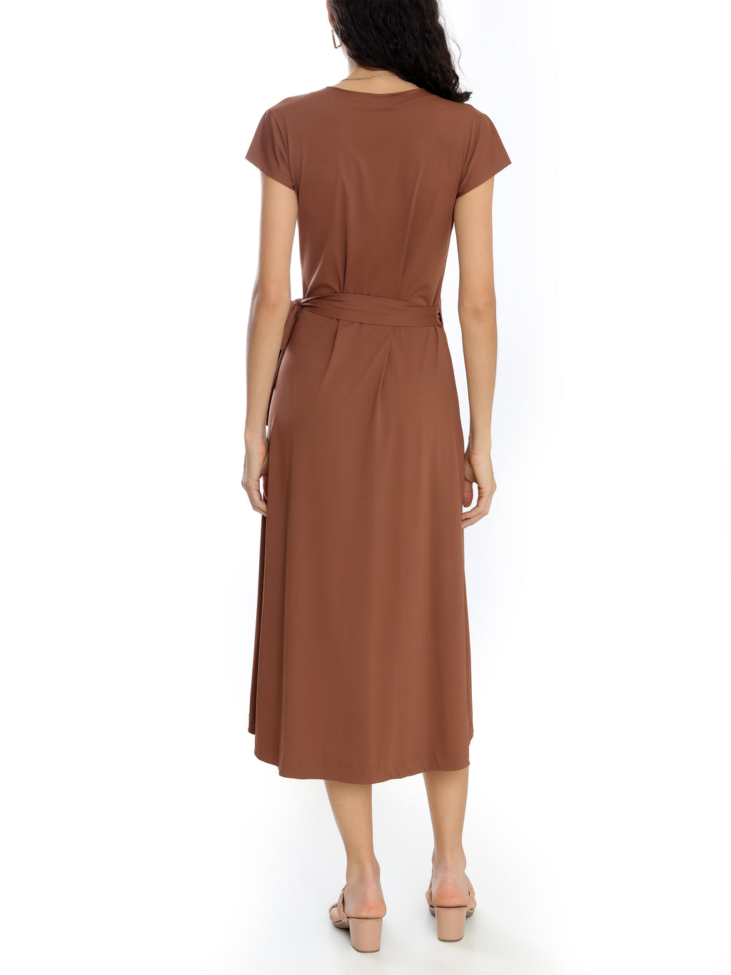 Falcao Brown Plain V-Neck Midi Dress