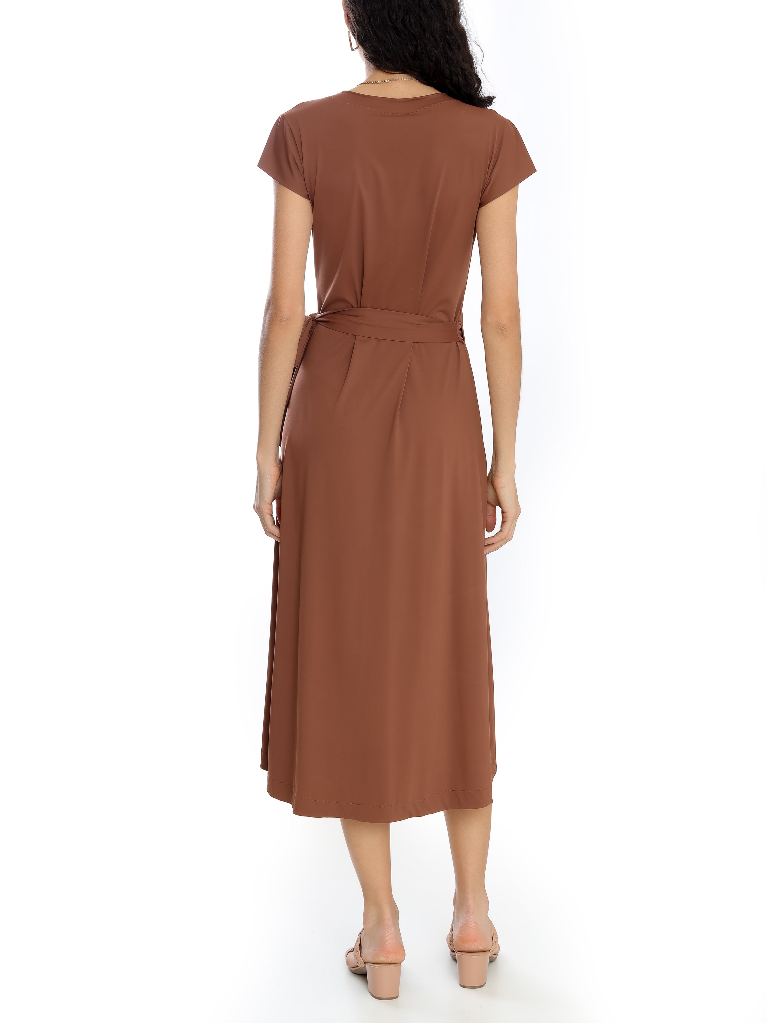 Falcao Brown Plain V-Neck Midi Dress