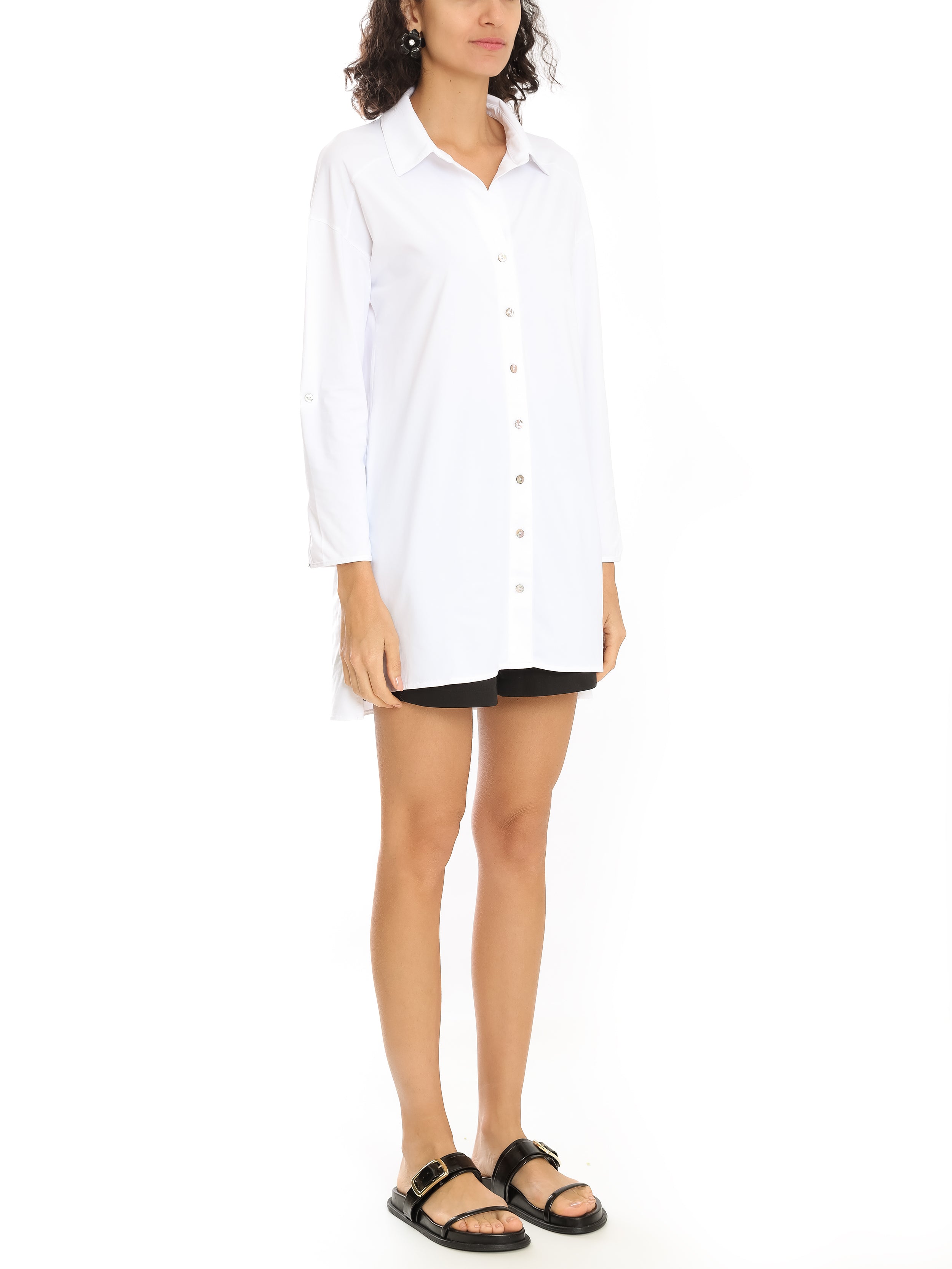 Meline White Plain Button-Front Shirt Dress