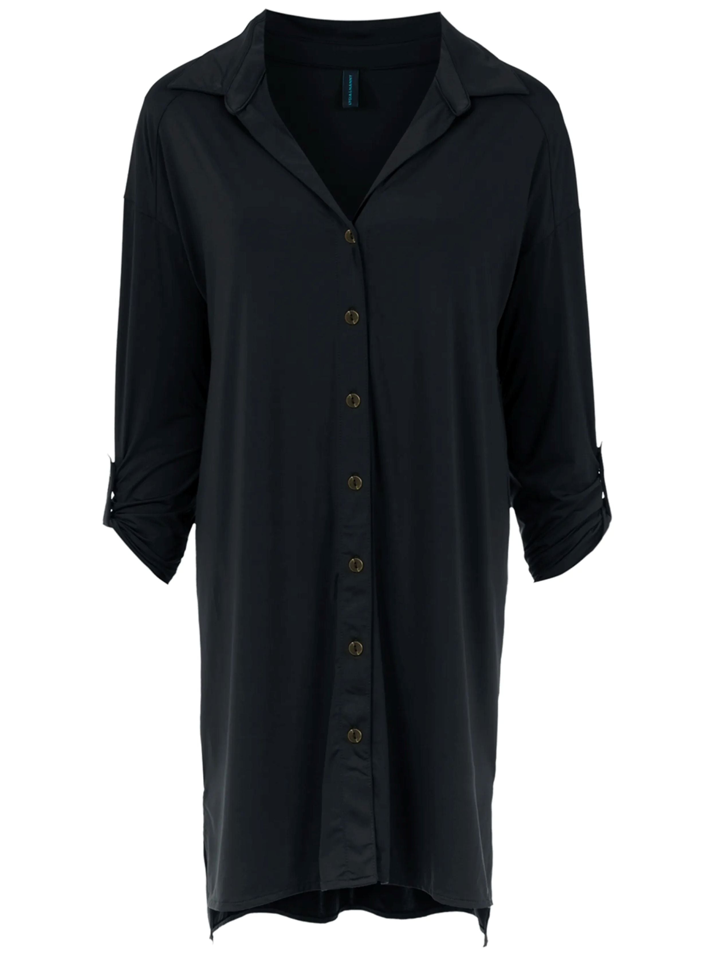 Meline Black Plain Button-Front Shirt Dress
