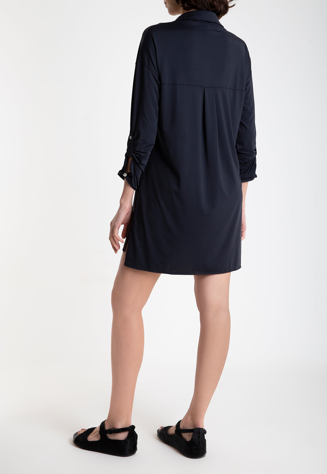 Meline Black Plain Button-Front Shirt Dress