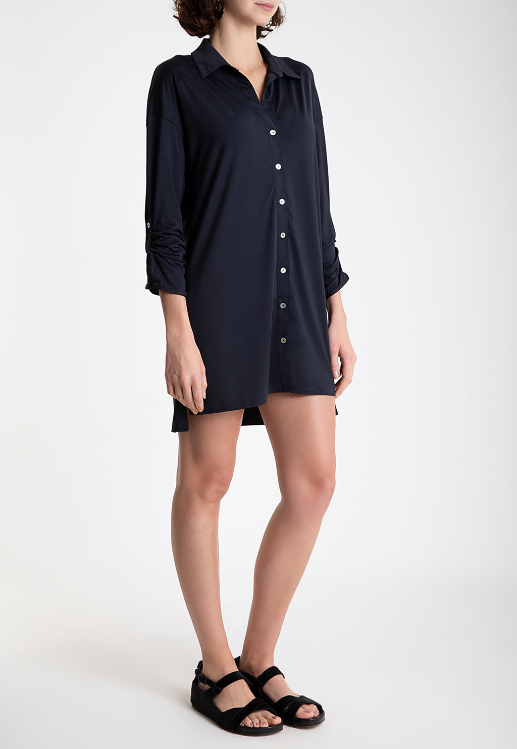 Meline Black Plain Button-Front Shirt Dress