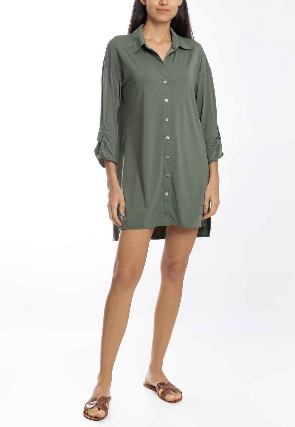 Meline Green Plain Button-Front Shirt Dress