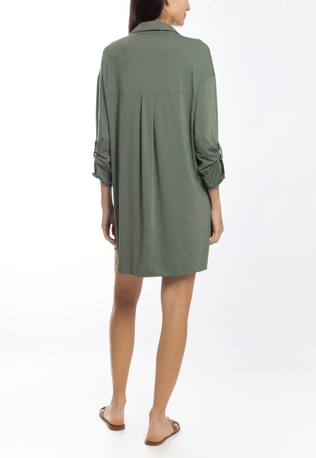 Meline Green Plain Button-Front Shirt Dress