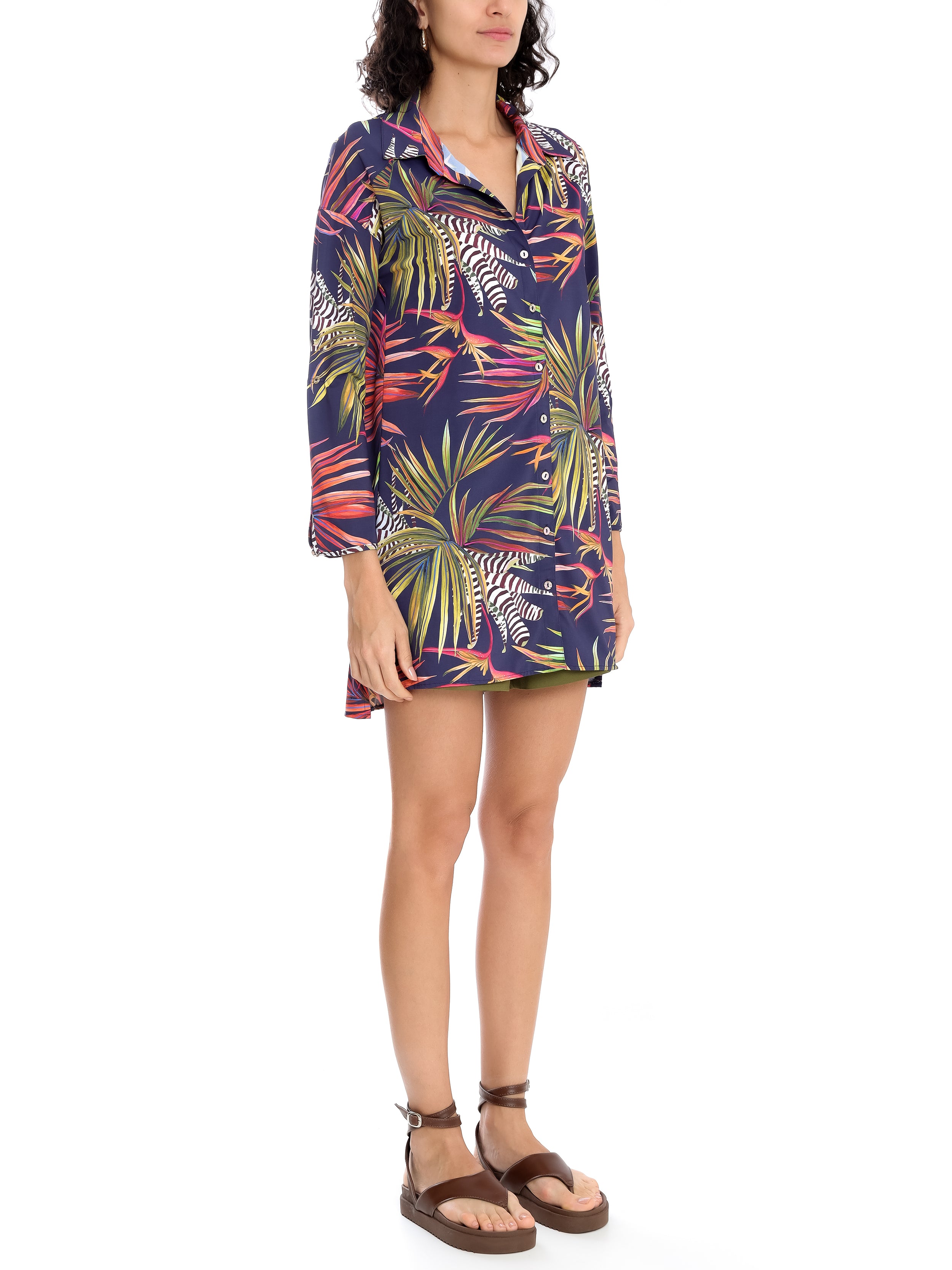 Meline Foliage-Print Button-Front Shirt Dress