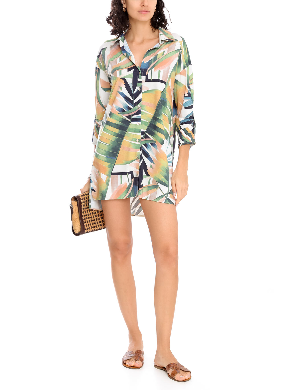 Meline Foliage-Print Button-Front Shirt Dress
