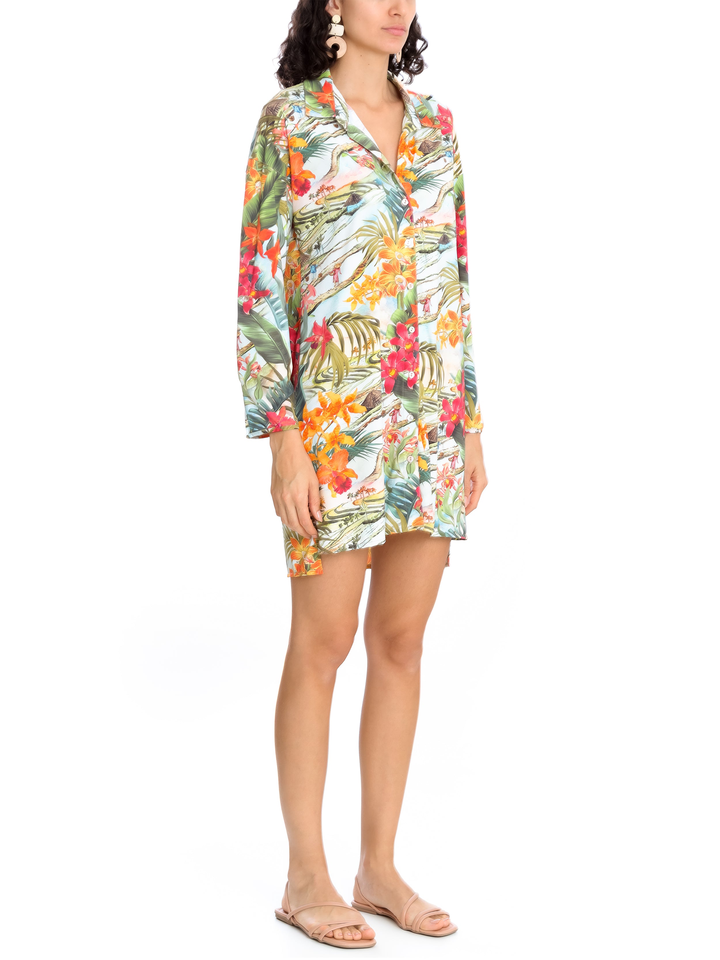 Meline -Print Button-Front Shirt Dress