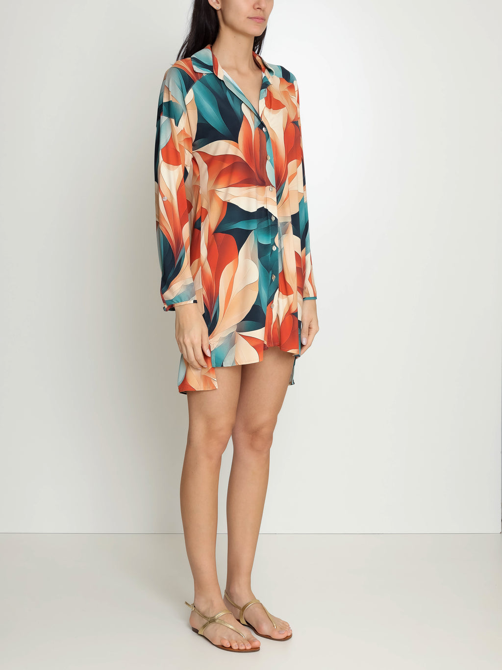 Meline Foliage-Print Button-Front Shirt Dress