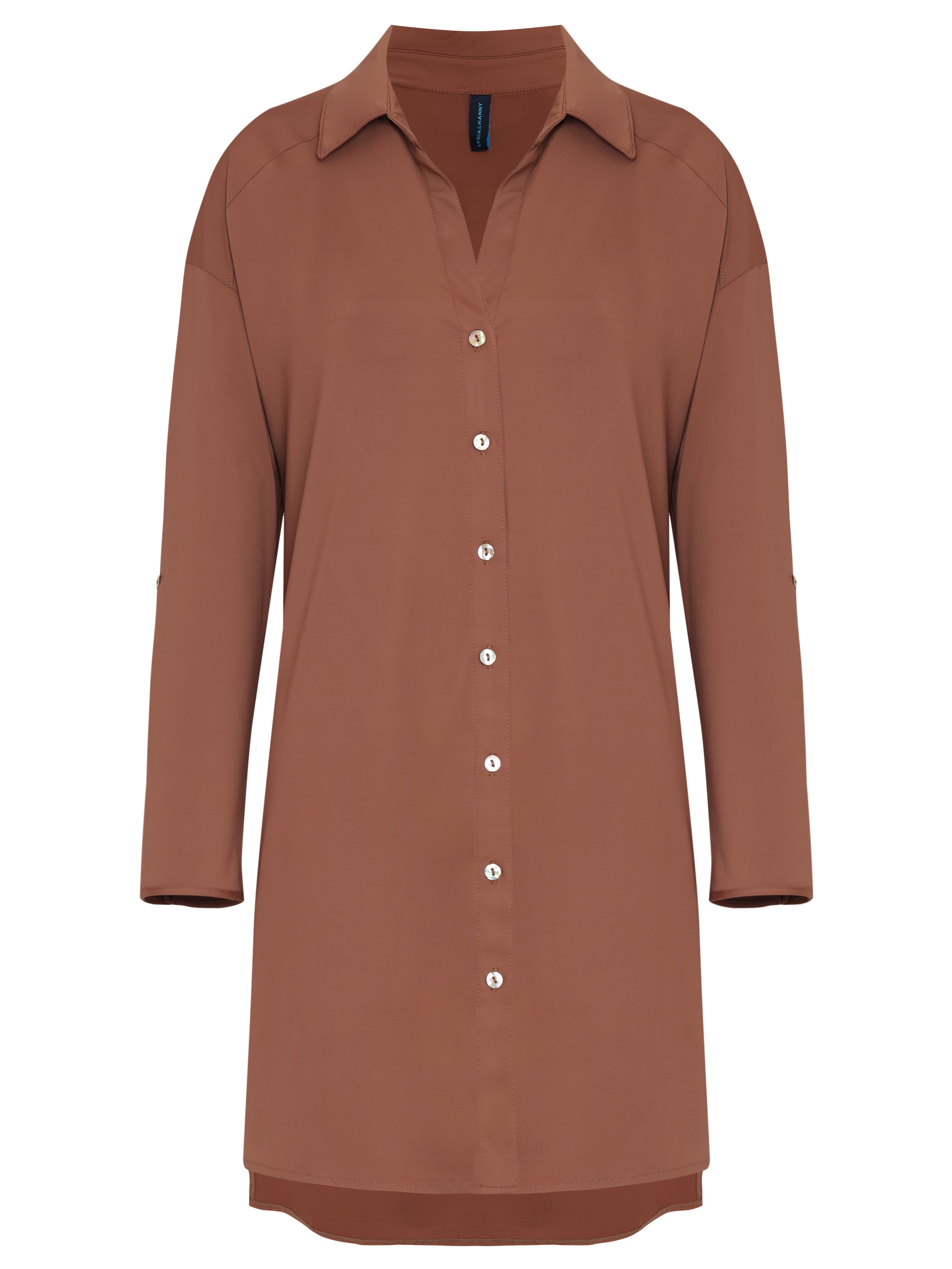 Meline Brown Plain Button-Front Shirt Dress