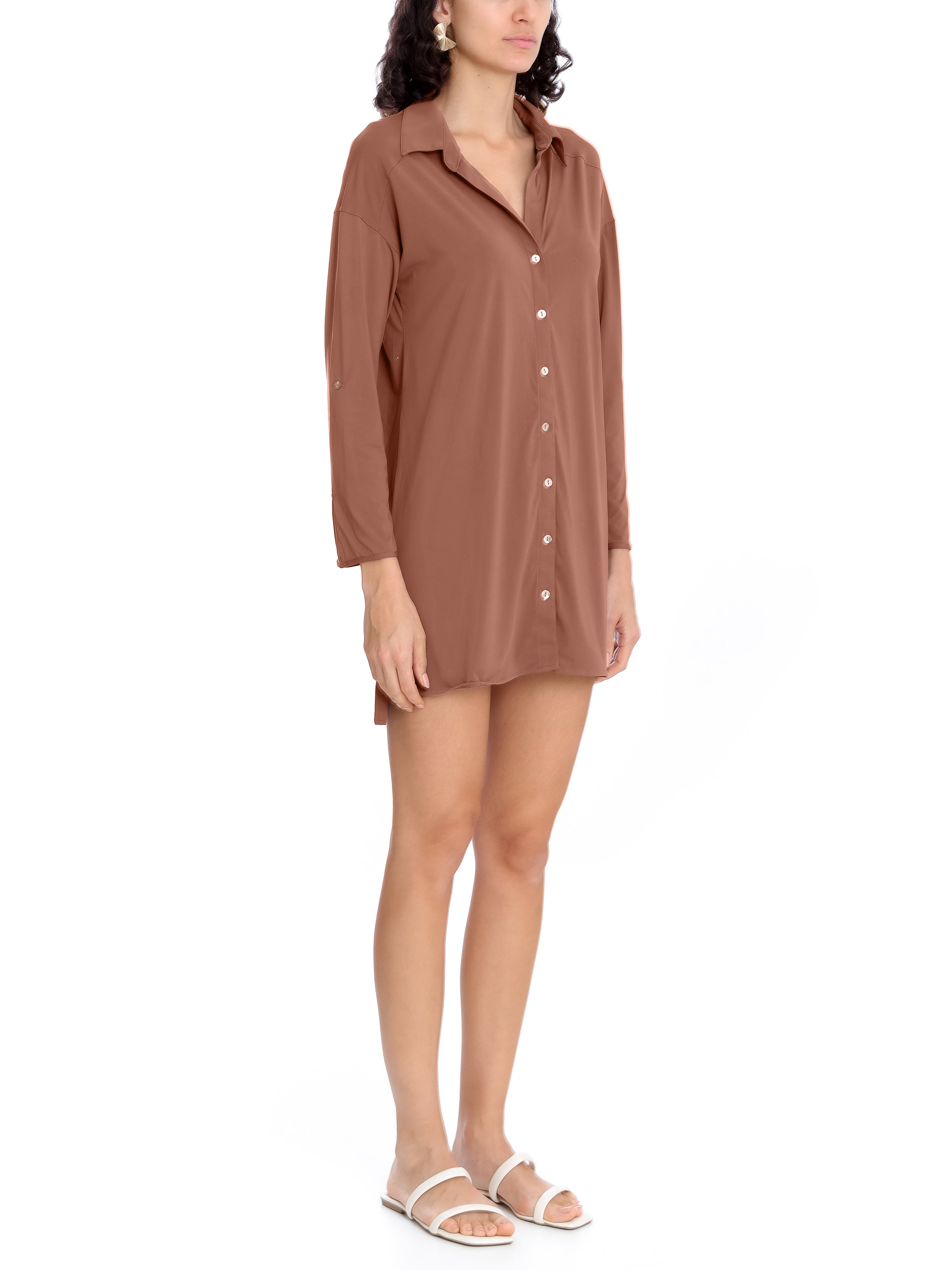 Meline Brown Plain Button-Front Shirt Dress