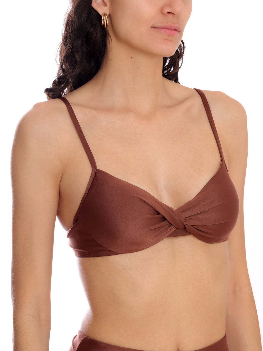 Cassis Brown Plain Tuisted Detail Bikini Top