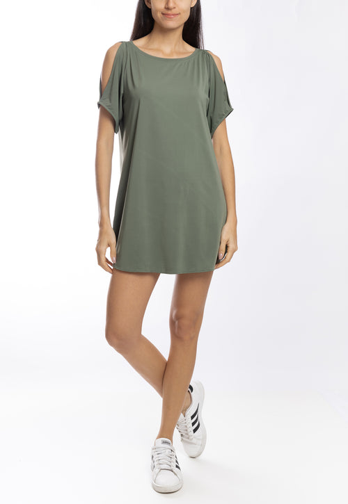 Allat Green Plain Cold-Shoulder Minidress