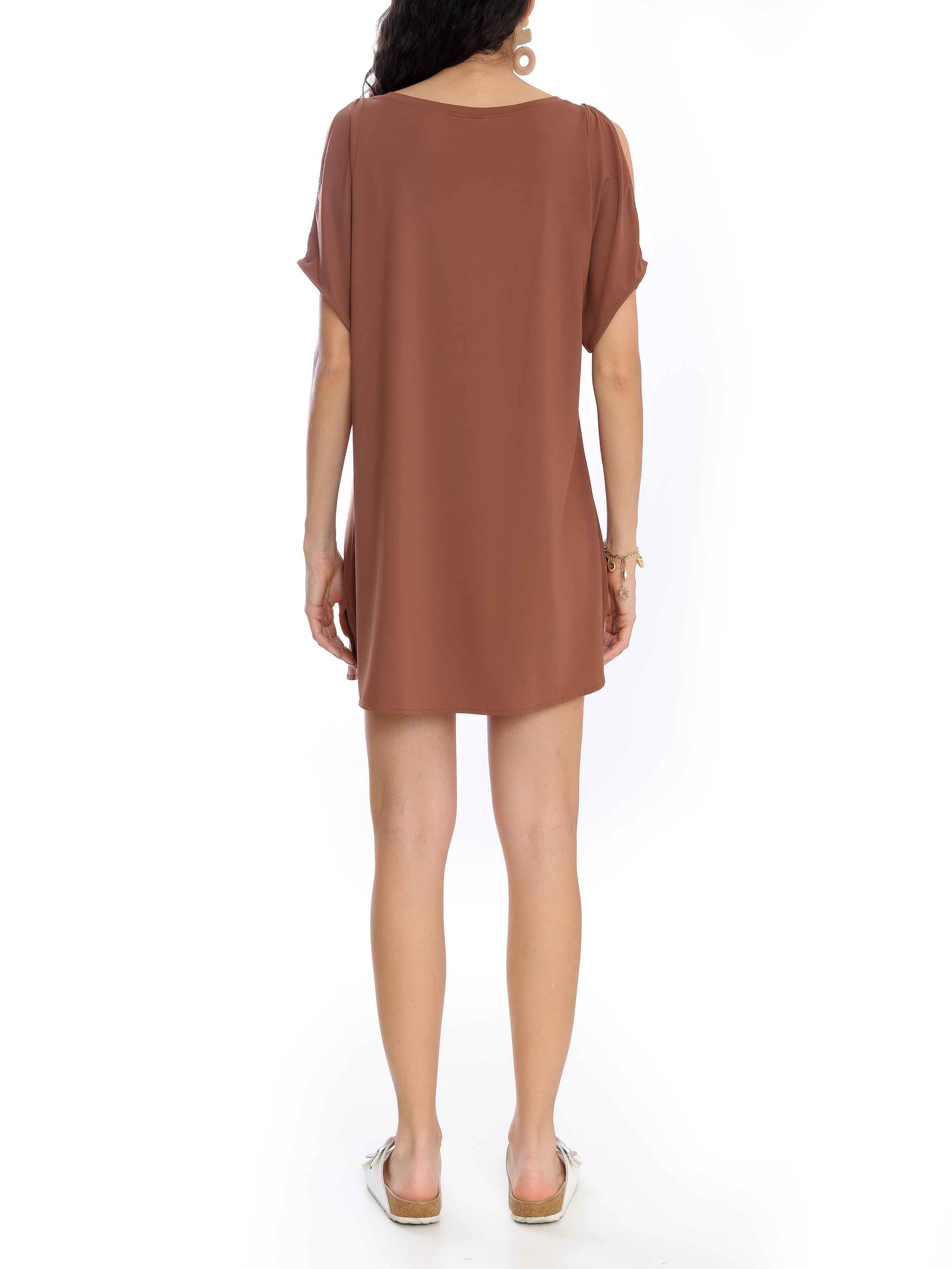 Allat Brown Plain Cold-Shoulder Minidress