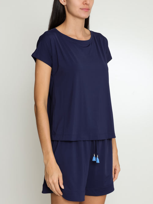 Basic Blue Plain Short-Sleeve Round-Neck T-Shirt