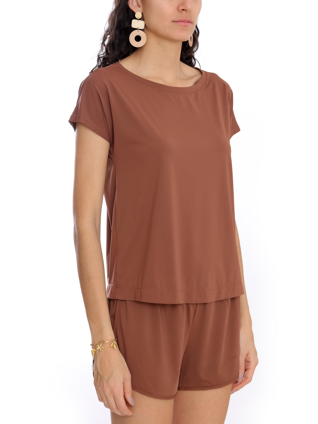 Basic Brown Plain Short-Sleeve Round-Neck T-Shirt
