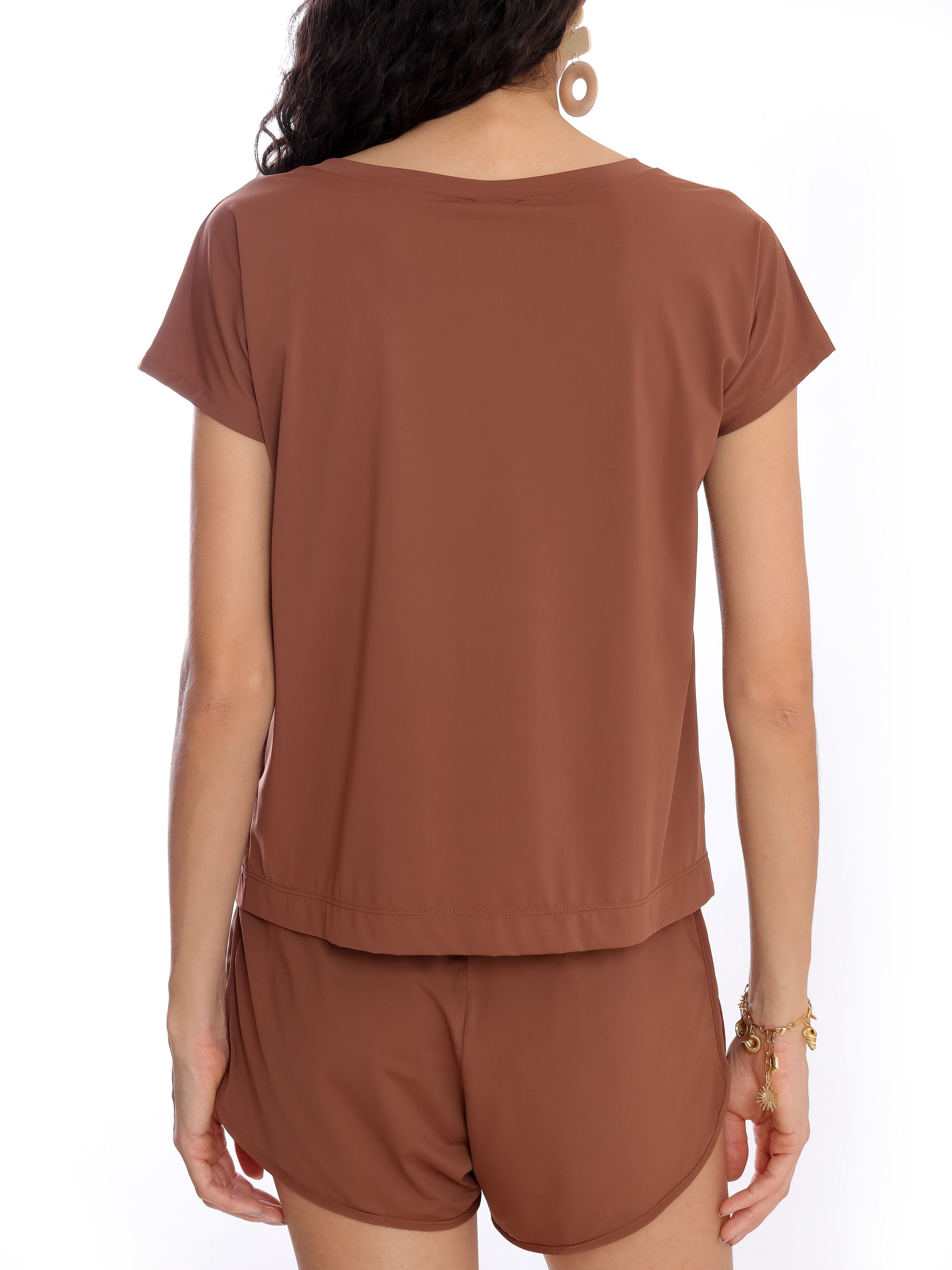 Basic Brown Plain Short-Sleeve Round-Neck T-Shirt
